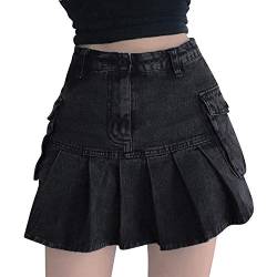 StarTreene Damen Jeansrock Shorts Denim Hohe Taille Kurz A-Linie Rock Mini Skirt Winde Rüsche mit Taschen von StarTreene
