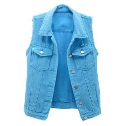 StarTreene Damen Jeansweste ärmellos Beiläufige Knopfleiste Kurz Denim Weste Slim fit einfach Revers Jacke mit Brusttaschen Blau L von StarTreene