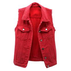 StarTreene Damen Jeansweste ärmellos Beiläufige Knopfleiste Kurz Denim Weste Slim fit einfach Revers Jacke mit Brusttaschen Rot 2XL von StarTreene