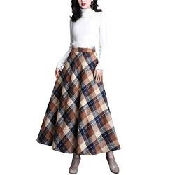 StarTreene Damen Midi-Rock Elegant Herbst Winter A-Line Rock Lange Rockabilly Kariert Elastische Taille mit Taschen EU44 Khaki von StarTreene