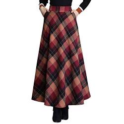 StarTreene Damen Midi-Rock Elegant Herbst Winter A-Line Rock Lange Rockabilly Kariert Elastische Taille mit Taschen EU44 Rot von StarTreene