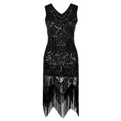 StarTreene Damen Retro 1920er Stil Flapper Kleider V Ausschnitt 20er Jahre Fransen Kleid ärmellos Paillettenkleider Party Fasching Cocktailkleid Kostüm Kleid Farbe 1 32 von StarTreene