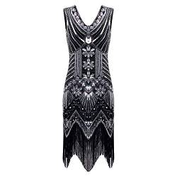 StarTreene Damen Retro 1920er Stil Flapper Kleider V Ausschnitt 20er Jahre Fransen Kleid ärmellos Paillettenkleider Party Fasching Cocktailkleid Kostüm Kleid Schwarz 32 von StarTreene