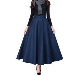 StarTreene Damen Winter Wollrock Lang hohe Taille A-Line Plisserock mit Taschen Vintage Rock Elegant Winterrock Herbst Warm Maxirock (Blau, EU 38 = Etikett L) von StarTreene