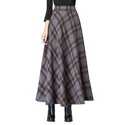 StarTreene Rock Damen lang Wolle Elegant Winterrock hohe Taille Plaid Plisserock A Linie Herbst Winter Maxirock mit Taschen von StarTreene