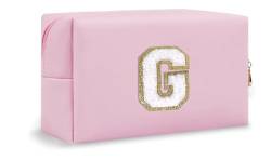 Stardust Gemstones Make-up-Tasche, Kulturbeutel mit Chenille-Buchstaben-Aufnäher, personalisiertes Geschenk für Frauen und Teenager-Mädchen, niedliche Make-up-Tasche, Reiseutensilien-Organizer, Pink, von Stardust Gemstones