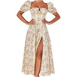 StarneA Sommerkleid Damen Lang, Boho Blumenkleid Sexy Split Strandkleid Kurzarm Lässiges Kordelzug Kleid Elegant Urlaub Kleid Cocktailkleider von StarneA