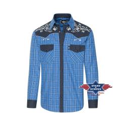 Blau kariertes Westernhemd Finley mit bestickter Westernpasse S von Stars & Stripes
