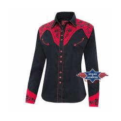 Exquisite schwarze Westernbluse Dolly" mit roter Westernpasse L" von Stars & Stripes