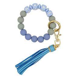 Starsprairie Personalisiertes Armband Schlüsselanhänger Silikon Perlen Elastischer Schlüsselanhänger Armband Armreif Quaste Tragbares Haus Autoschlüssel Ring (Blue) von Starsprairie