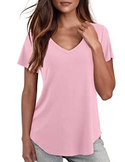 Starybirds Blusen für Damen Kurzarm Sommer Tops Lose Oberteile V Ausschnitt Basic Tshirt Rosa S von Starybirds