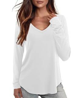 Starybirds Langarmshirts für Damen Elegant V Ausschitt Bluse Einfarbig Longshirt Weiß S von Starybirds