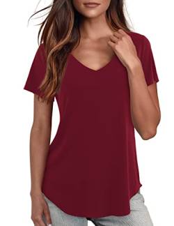 Starybirds Shirt Damen Sommer Basic Bluse Kurzarm Lockeres Lässiges Tops V-Ausschnitt Tshirt Weinrot S von Starybirds