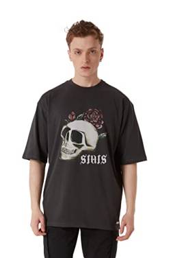 Skull Fitted Oversized Heavy Men Tee, 100% Cotton, Short Sleeve Crew Neck with Dropped Shoulders Streetwear T-Shirt, Rundhals-Ausschnitt Baumwolle Herren Tshirt (M, Grau) von Stats