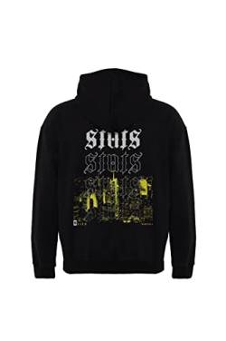 Stats City Fitted Oversized Heavy Men Hoodie, Kapuzenpullover mit Fronttasche, Dropped Shoulders Streetwear Hoodie, Baumwolle Herren Pullover (3XL, Schwarz) von Stats