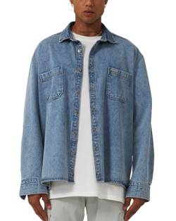 Stats Jeans Shirt Jacket Men, Oversized Hemden Jacke, Washed Blue Denim Jacket, Vintage Freizeit Hemden Herren (L) von Stats