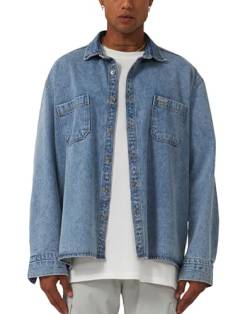 Stats Jeans Shirt Jacket Men, Oversized Hemden Jacke, Washed Blue Denim Jacket, Vintage Freizeit Hemden Herren (XL) von Stats