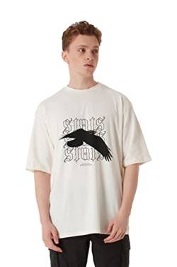 Stats Pigeon & Raven Fitted Oversized Heavy Men Tee, 100% Cotton, Short Sleeve Crew Neck with Dropped Shoulders Streetwear T-Shirt, Rundhals-Ausschnitt Baumwolle Herren (S, Beige) von Stats