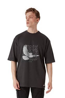 Stats Pigeon & Raven Fitted Oversized Heavy Men Tee, 100% Cotton, Short Sleeve Crew Neck with Dropped Shoulders Streetwear T-Shirt, Rundhals-Ausschnitt Baumwolle Herren (XL, Grau) von Stats