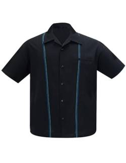 Steady Clothing Hemd The Harold Schwarz Vintage Bowling Shirt Retro Pin Stripe, Größe:L von Steady Clothing