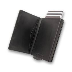 Stealth Wallet Kartenetui – RFID-blockierende, minimalistische Kartenetui mit Geschenkbox – schlanke, leichte Kreditkartenhalter aus Metall und Leder für Herren (schwarzes Leder mit Magnetverschluss), von Stealth Wallet