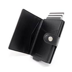 Stealth Wallet – Minimalistische Schlanke Leichte Pop-Up Kartenhalter – Kontaktlos Geschützte Sichere Smart Card-Halter Geldbörsen (Schwarzes Leder mit Ausweistasche) von Stealth Wallet