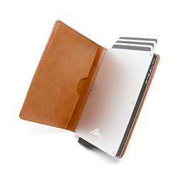 Stealth Wallet – Minimalistische Schlanke Leichte Pop-Up Kartenhalter – Kontaktlos Geschützte Sichere Smart Card-Halter Geldbörsen (Silber mit Braun Leder) von Stealth Wallet