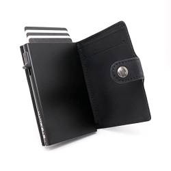 Stealth Wallet – Minimalistische Schlanke Leichte Pop-Up Kartenhalter – Kontaktlos Geschützte Sichere Smart Geldbörsen (Schwarzes Aluminium mit Schwarzes Verrücktes Pferdeleder Leder und Münztasche) von Stealth Wallet