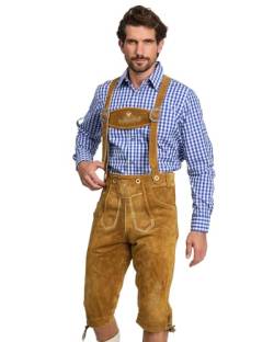 Steigenhöfer - Traditionelle Kniebund Lederhose für Herren, Trachtenhose aus echtem Leder mit H-Trägern, Größe 46-60 - Für Oktoberfest, Feierlichkeiten und Events, Farbe: Hellbraun, Größe: 56 von Steigenhöfer Manufaktur