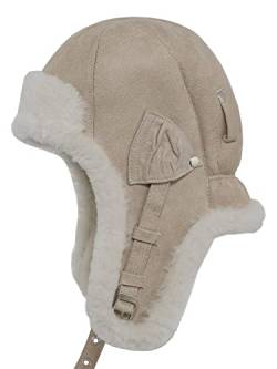 Sterkowski Bomber Aviatormütze | Hochwertige Lamfell Wintermütze | pilotenmütze Herren wintermütze Herren russische mütze Damen mütze jagdhut Herren Ushanka Herren Flieger Cap 63 cm Beige von Sterkowski