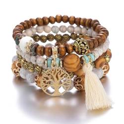 Sternstunde 4 Stück Boho Armbänder Damen, Chakra Armband für Frauen, Schmuck Boho Armreifen mit Holzperlen und Quaste, Chakra Armband, Lebensbaum-Charm, Liebe, Statement-Armreifen (B) von Sternstunde