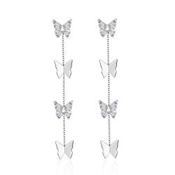 Ohrringe Silber Schmetterling, Zirkonia Ohrringe Hängend Versilbert 12MM Lange Kette Modeschmuck Geschenke von Stfery