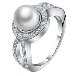 Ring Frauen Liebe, Ring Damen Perlen Silber Runden 57 Zirkonia Modeschmuck Cocktail Party Elegant Jahrestag Geschenk von Stfery