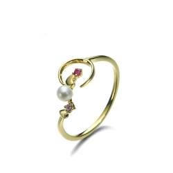 Stfery Gold Ring 18 Karat Ringe für Frauen Rund Perle Ehering Damen von Stfery