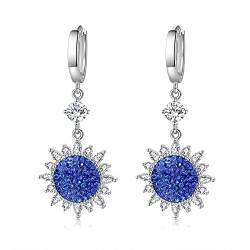 Strass Ohrringe Blume, Damen Ohrringe Creolen Vergoldet Blau Sonnenblume Länge 48MM Modeschmuck Earrings Geschenk von Stfery