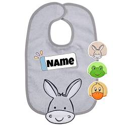 Baby Lätzchen mit Klettverschluss | Baby Latz | bestickt mit Namen | Lätzchen personalisiert | Spucktücher Baby | Baby Erstausstattung (Esel grau) von Stickling