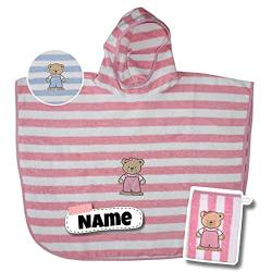 SET Kinder Poncho + Waschlappen personalisiert | 100% Baumwolle | personalisiert mit Namen | Baby Kapuze Bademantel | Kinder Badetuch | bis 7 Jahre | gestreifter Teddy (rosa Streifen) von Stickling