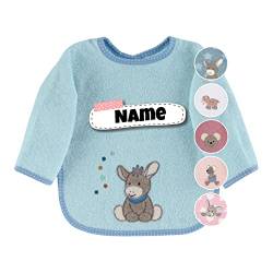 Sterntaler Baby Lätzchen mit Ärmeln | bestickt mit Namen | Langarm Lätzchen Baby | personalisiert | Latz Baby Geschenk (Emmi Esel hellblau) von Stickling