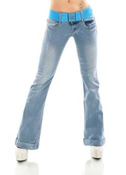 Damen Hüft Bootcut Jeans Hose Schlag Flarecut Stretch Denim Umschlagsaum Gürtel (as3, Alpha, l, Regular, Regular, Hellblau/381-16) von Stidia