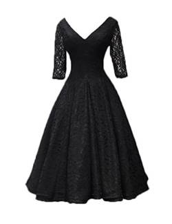 Stillluxury Midi Abendkleider mit Ärmeln Übergröße Spitze Brautmutter Kleid Teelänge E54A Gr. 52, Schwarz von Stillluxury
