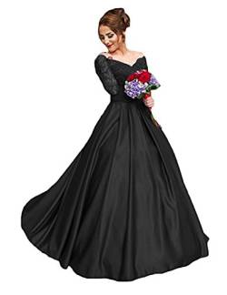 Stillluxury Schulterfrei, lange Ärmel, Spitze, Satin, Abendkleid, Ballkleid, Hochzeit, Damen, formelle E160 Gr. 46, Schwarz von Stillluxury