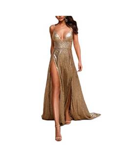 Stillluxury Spaghetti High Slit Pailletten Abendkleider für Frauen Prom Pary Occasions Gown E30 Gr. 40, gold von Stillluxury