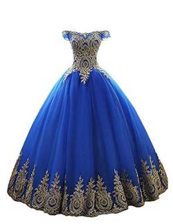 Stillluxury Tüll Quinceanera Ballkleid Gold Applikationen Sweet 16 Prom Prinzessin Kleider Lang Frauen Quc14, Blau C, 38 von Stillluxury