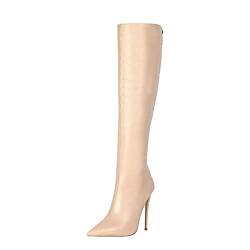 12CM / 4.72IN Damenmode sexy spitzer Kopf weibliches Stilett sexy Elegante Damen Nachtclub Stiefel hoch Knielange Stiefel Stiletto hochhackige Pole Dance Stiefel,Beige,45 EU von Stool