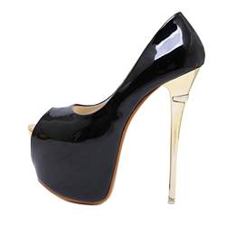 Stool 16CM/6,30IN Damen Elegante Temperament Hochzeit Pumps Stiletto sexy Rundkopf High Heels Slip On Stiletto Pumps Damen sexy Pole Dancer Stripper Party,Schwarz,44 EU von Stool