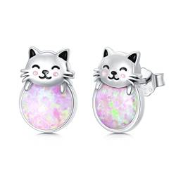 Katzen Ohrringe 925 Sterling Silber Rosa Opal Katze Ohrstecker Tier Katze Schmuck Geschenk für Kinder Mädchen Damen von StoryEtain