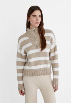 Stradivarius Gestreifter Pullover mit Reißverschluss  Beige S von Stradivarius