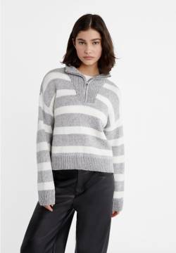 Stradivarius Gestreifter Pullover mit Reißverschluss  Grau Melange XS von Stradivarius