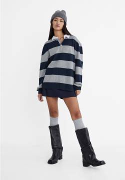 Stradivarius Pullover Jersey Polo-Stil oversize gestreift  Marineblau L von Stradivarius