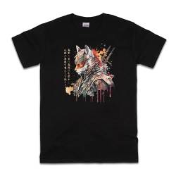 Japanischer Samurai Fuchs Kitsune T-Shirt – Damen Herren bedrucktes Kunst-T-Shirt, Schwarz , 56 von Strand Clothing